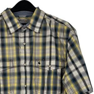 Carhartt Relaxed Fit Mens XL Pearl Snap Western Short Sleeve Blue Tan Plaid